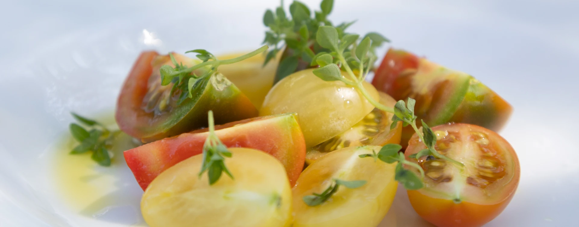 Dettaglio macro di un'insalata colorata con pomodori gialli e rossi freschissimi, conditi con olio ed erbe aromatiche locali.